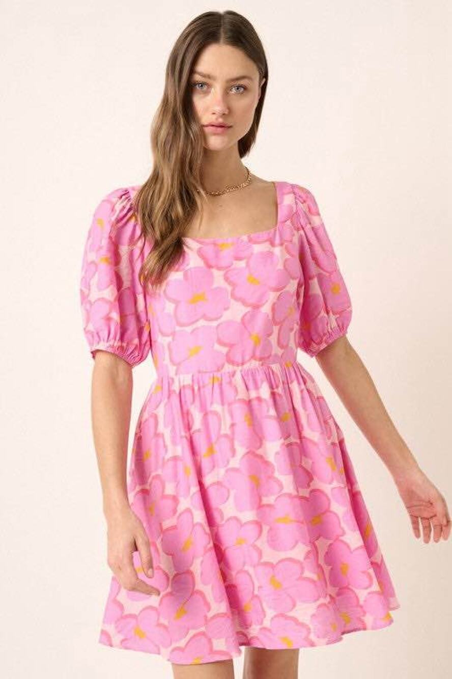NWT Boutique Women’s Large Pink Flower Print Tie Back Babydoll Dress
